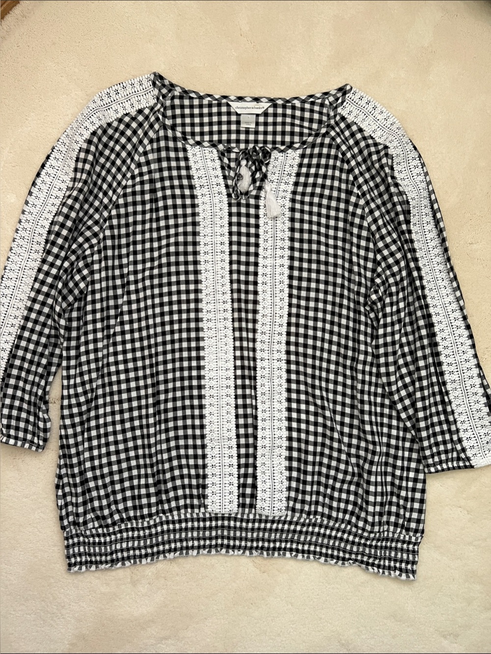 Christopher & Banks Black and White Gingham Lace-Trim Blouse